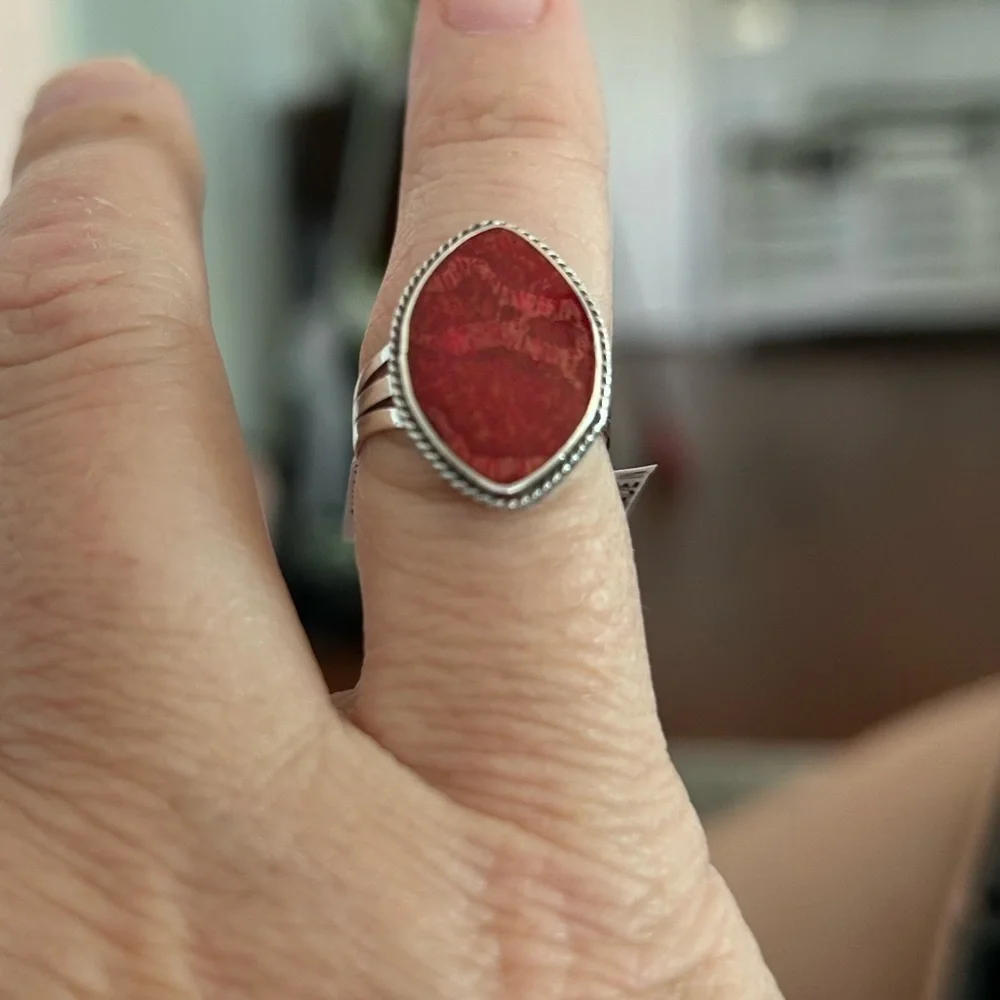 Coral Sponge Dark Red Marquee Shaped Sterling Silver Ring